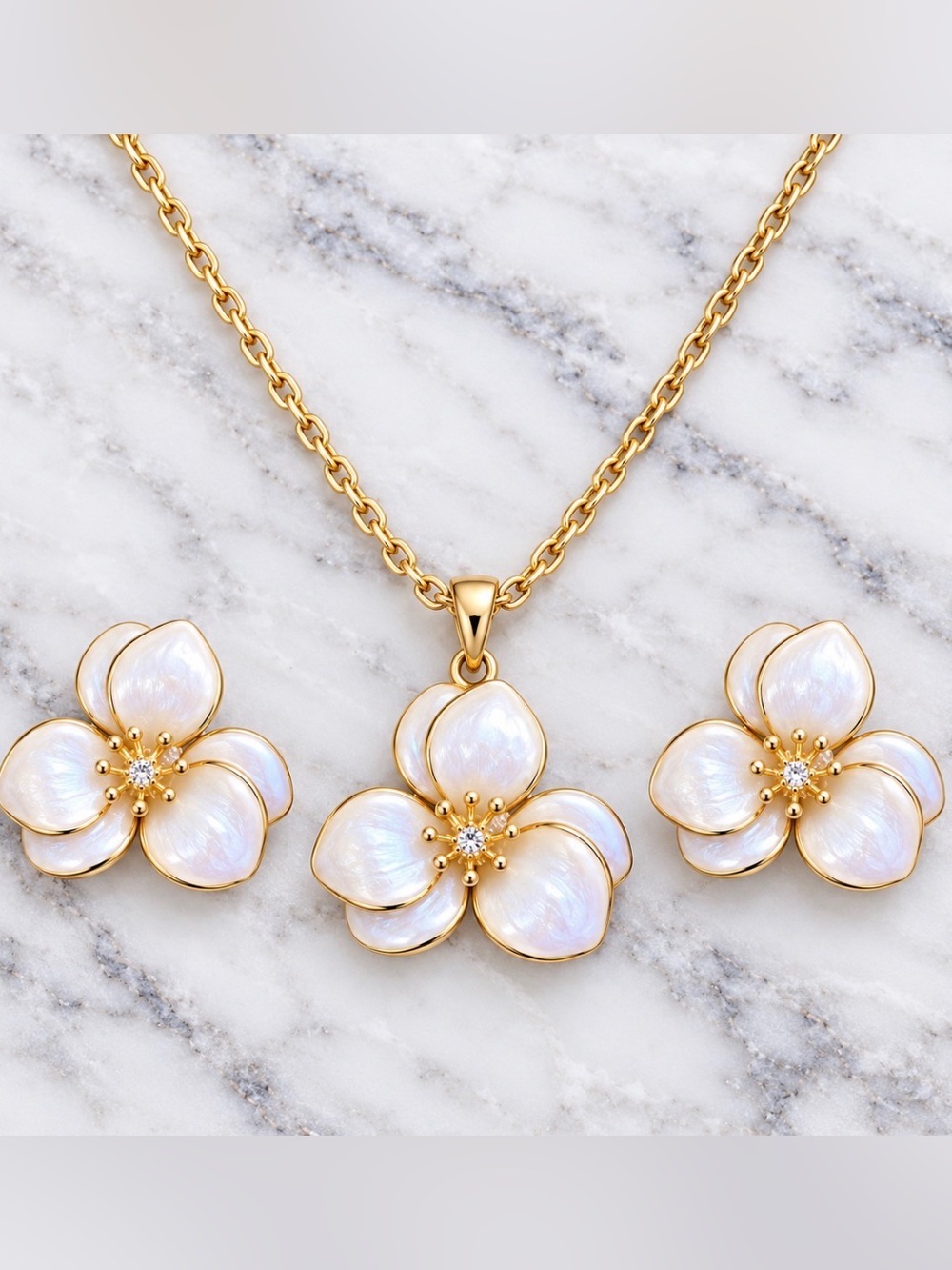 White Floral Enamel Pendant Necklace with Matching Stud Earrings-Gold-Tone